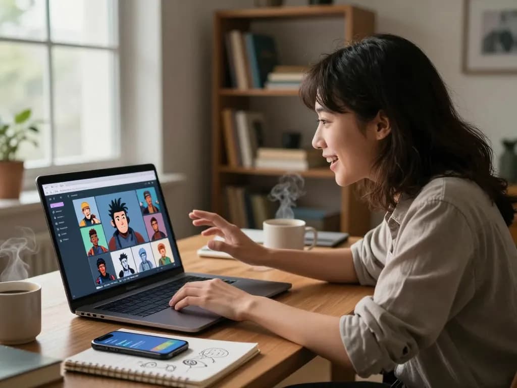 User engaging with Crush on AI platform, showcasing interaction with animated characters in a cozy workspace.