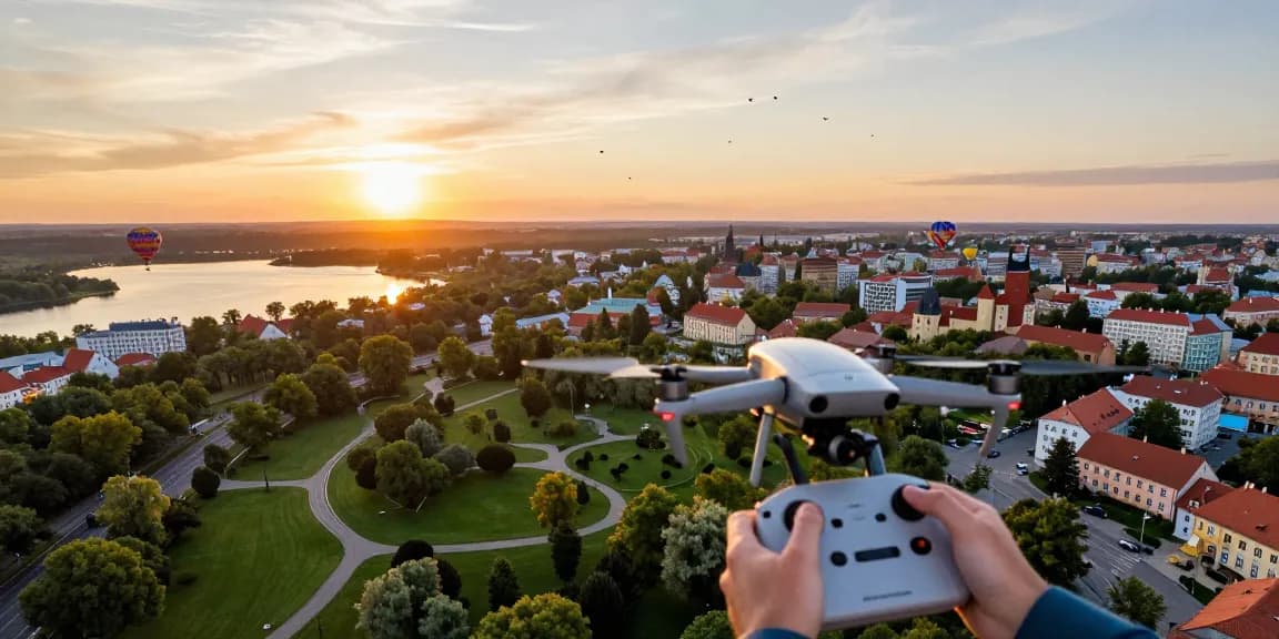 Wideo z drona Olsztyn - spektakularny widok na miasto podczas zachodu słońca, z dronem pilotowanym przez osobę.