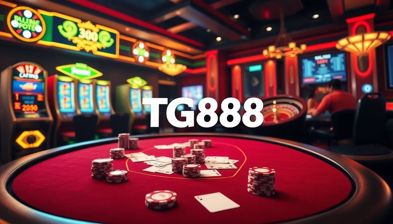 TG88 casino scene featuring an elegant poker table with high-stakes chips and illuminated slot machines.
