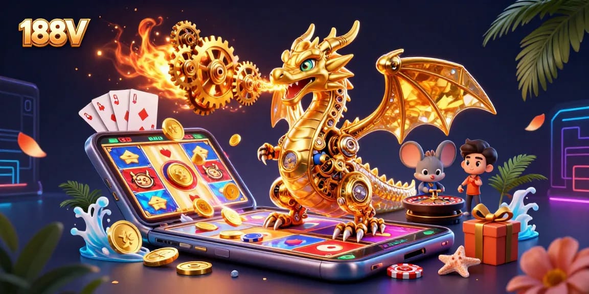 Experience the thrill of 188V casino gameplay with a golden dragon and dynamic gaming elements.