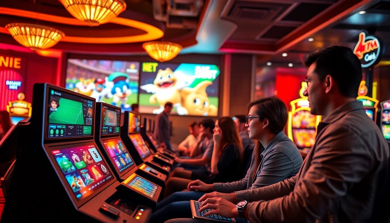 Online gambling scene showcasing various games and a lively atmosphere at GO8 platform, emphasizing excitement and professionalism.