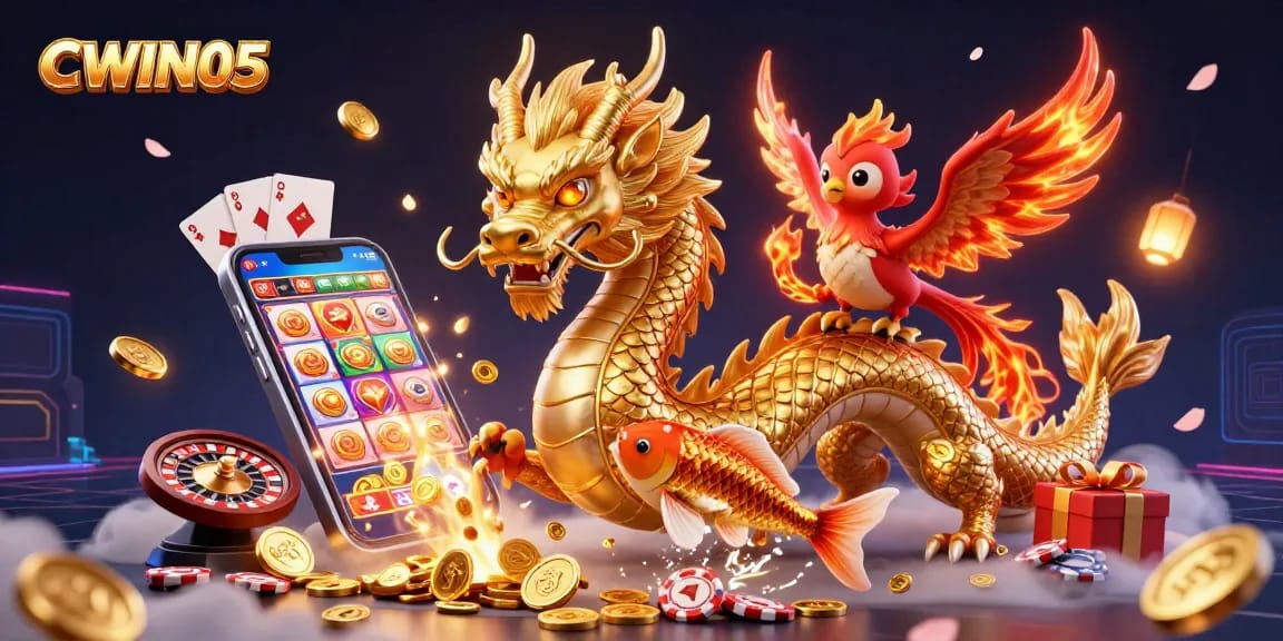 Experience thrilling entertainment at CWIN05 with a vibrant 3D casino scene featuring dynamic characters and gaming elements.
