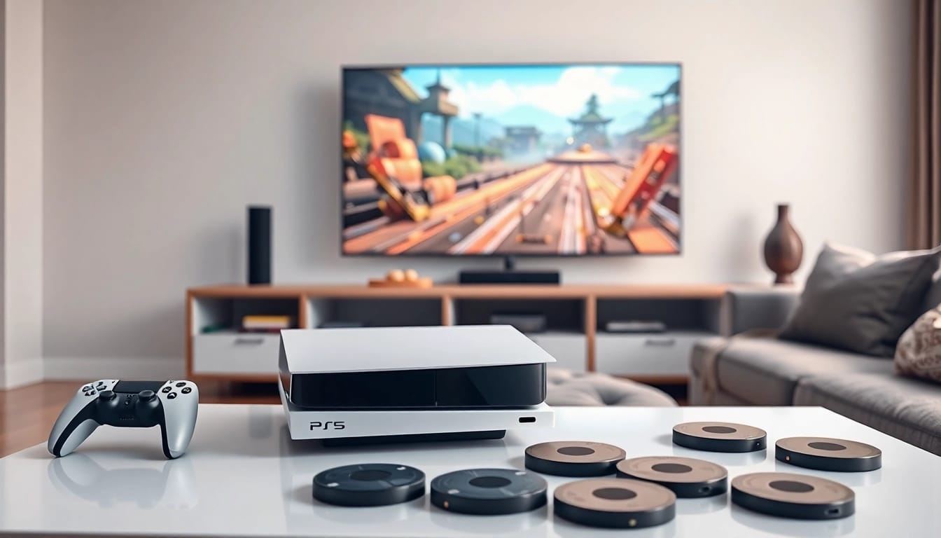 PS5 w nowoczesnym salonie, gładka konsola z kontrolerami, przyjemna atmosfera.