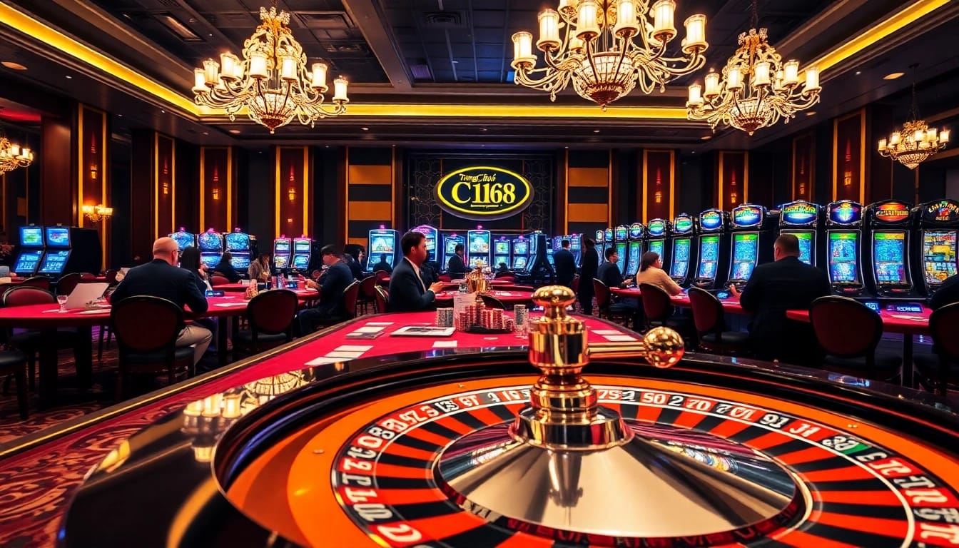 Engaging scene of gambling excitement at Trang Chủ C168 casino with players at tables.