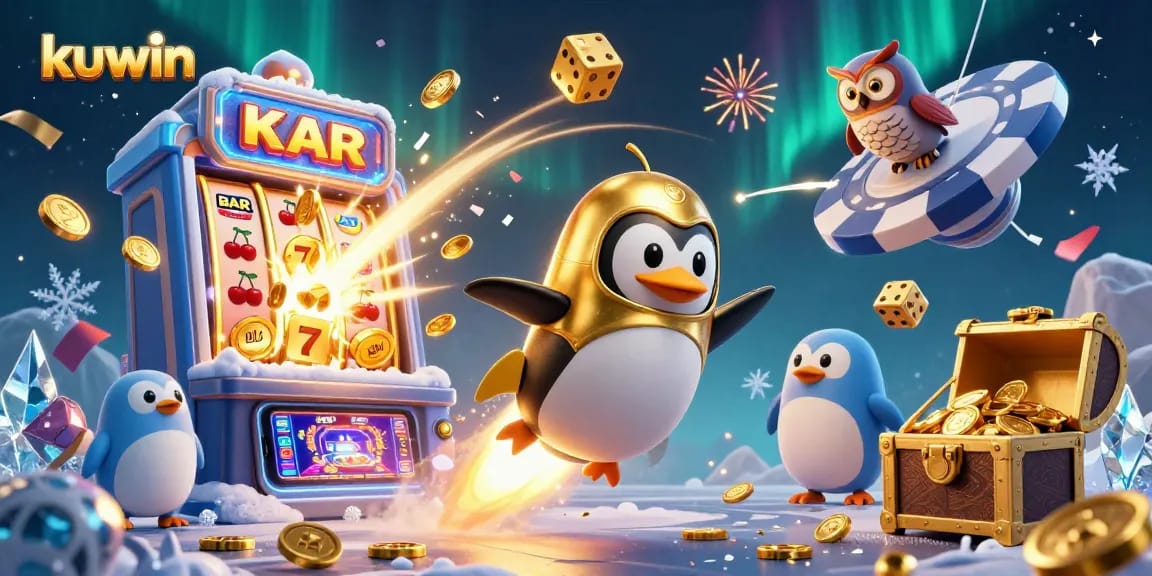 Kuwin penguin launching toward a giant poker chip in a dynamic casino space scene bursting with coins.