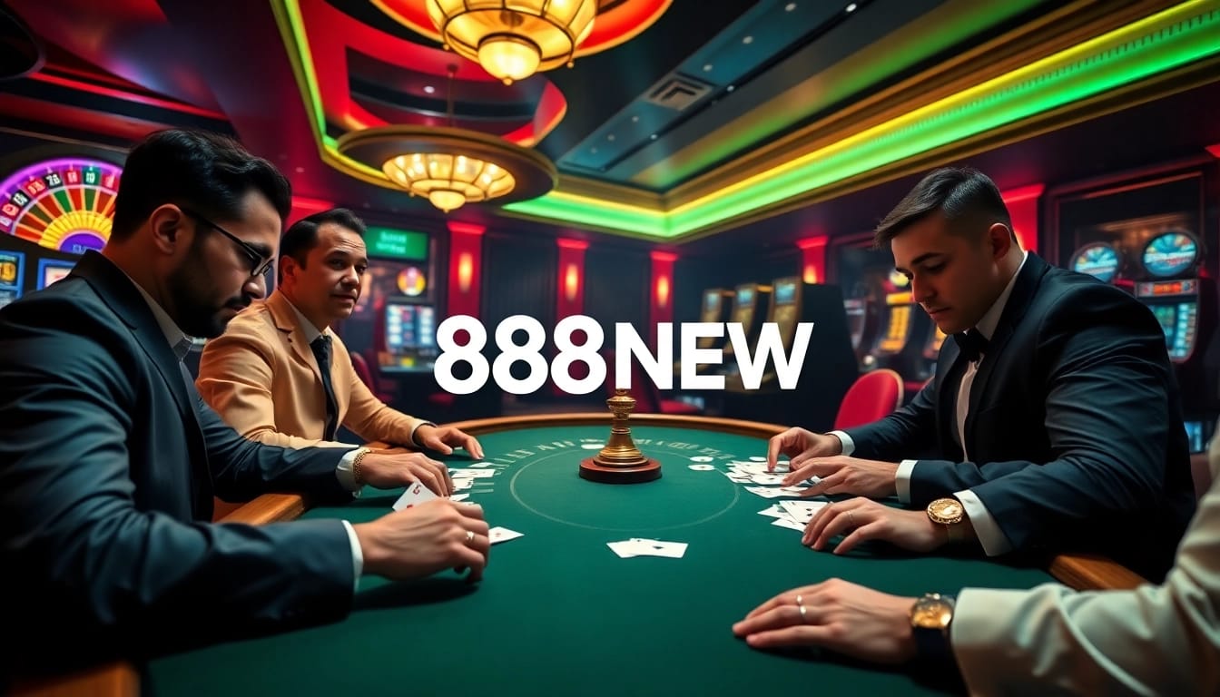 Players strategizing at the 888NEW poker table amidst vibrant casino excitement.