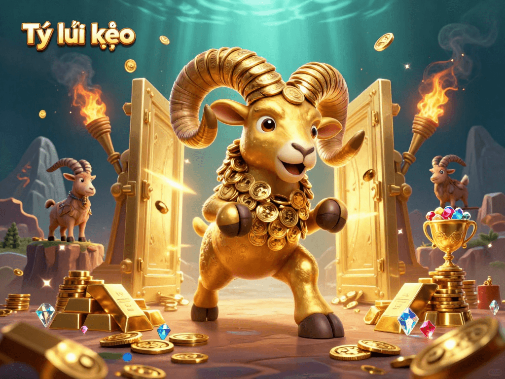 Tỷ lệ kèo Action-packed illustration featuring a golden ram charging through a treasure-filled casino gate.