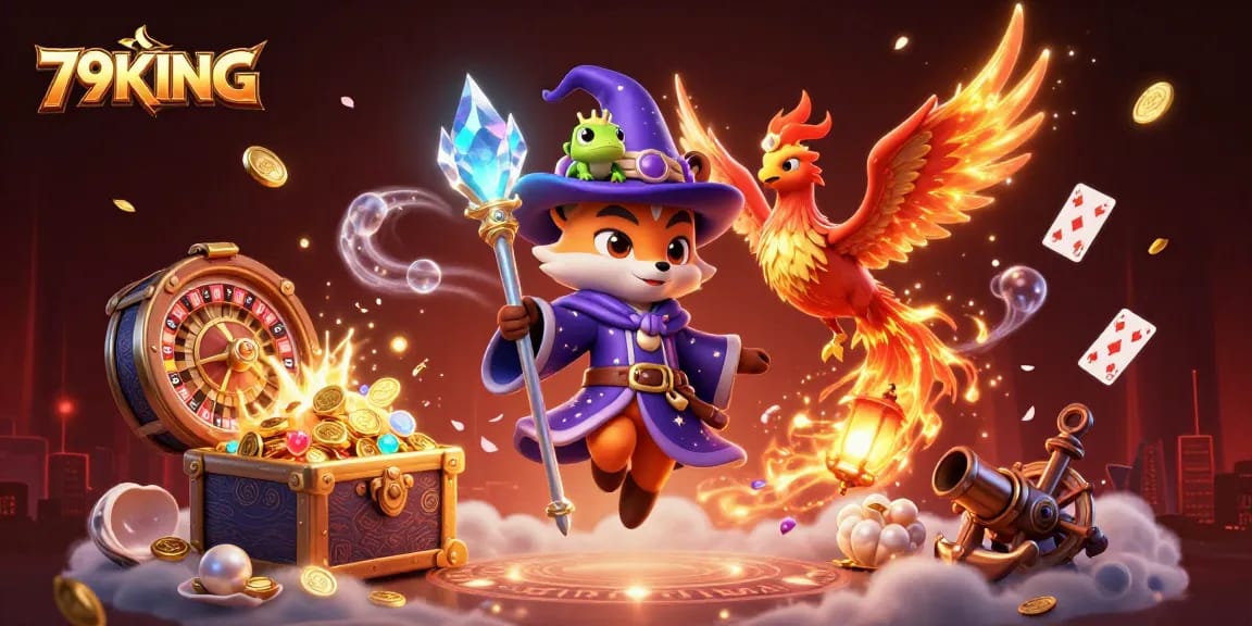 Experience thrilling gameplay with 79KING's vibrant 3D casino illustration, featuring a wizard fox and phoenix.
