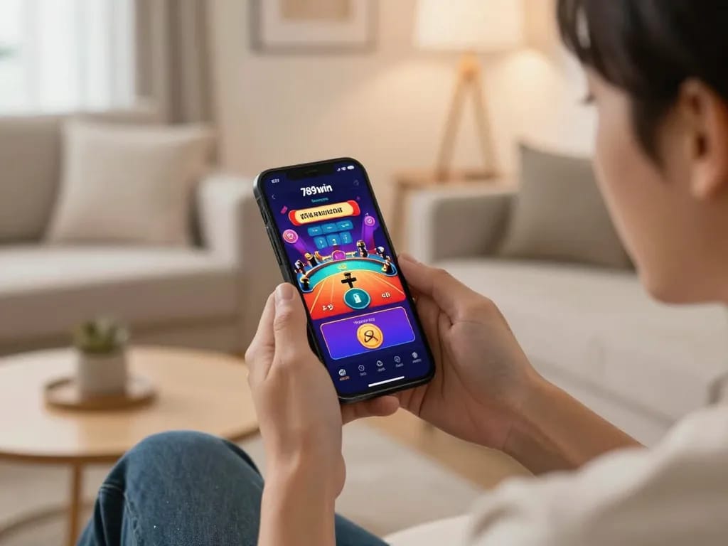 Engaged player enjoying live dealer gaming on the 789win app, highlighting excitement and convenience of online gambling.