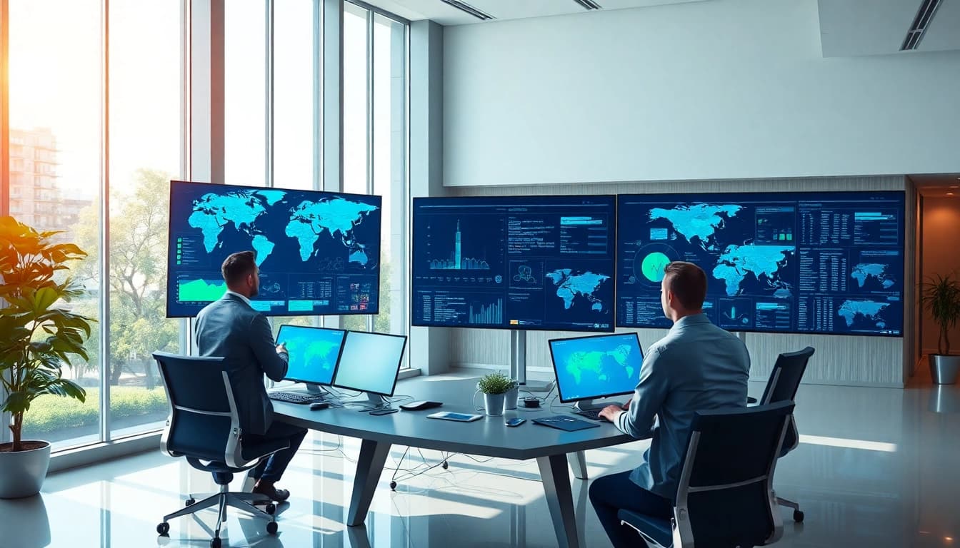 快连官网 highlights a modern office with professionals optimizing network connections, emphasizing security and speed.