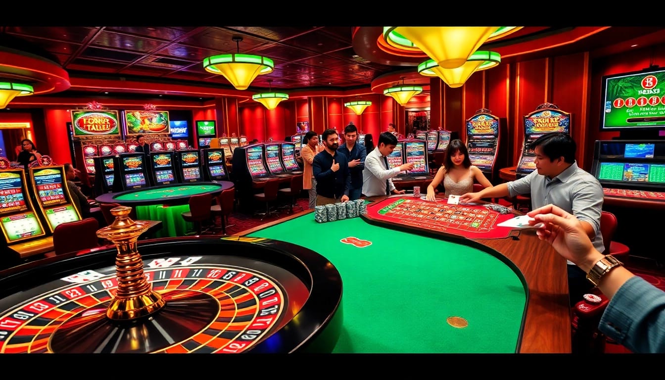 Players enjoy thrilling moments at new88 casino tables, showcasing vibrant slot machines and betting action.