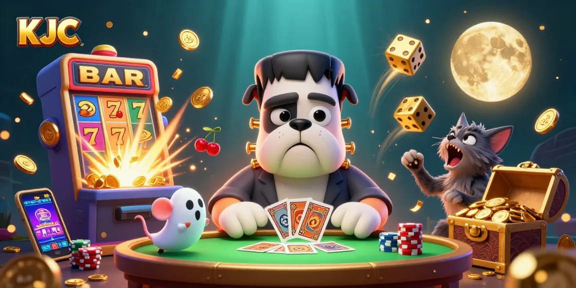 Experience thrilling 3D gambling action with KJC's lively casino characters at a dynamic gaming table.