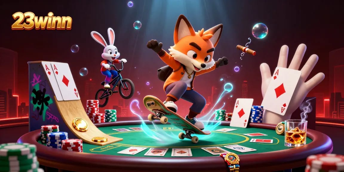 23winn showcases a skateboarder fox performing tricks over golden poker chips with vibrant casino elements.