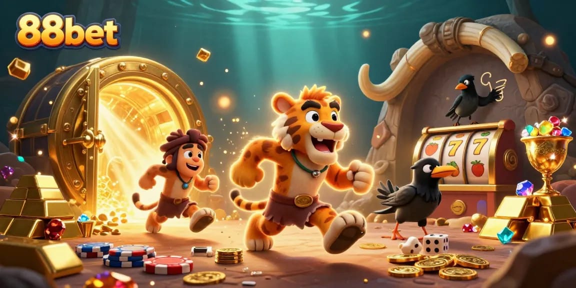 Join the fun at 88bet with a thrilling prehistoric casino scene rich in treasures.