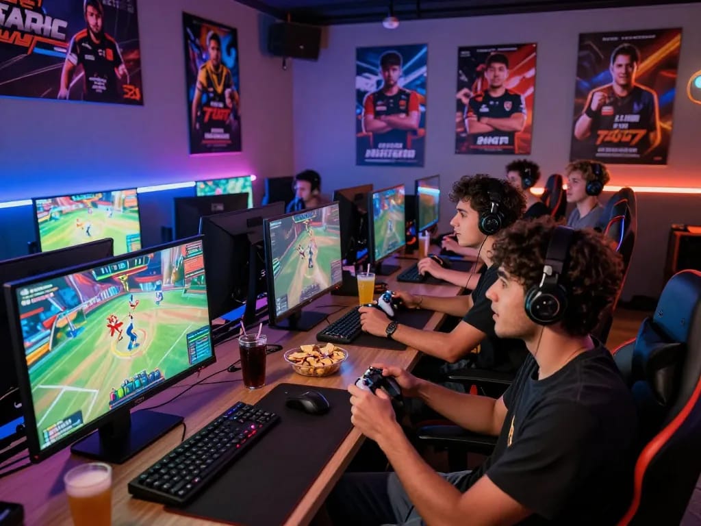Friends enjoying online games at https://79kingg.us/ with controllers and snacks in a lively setting.