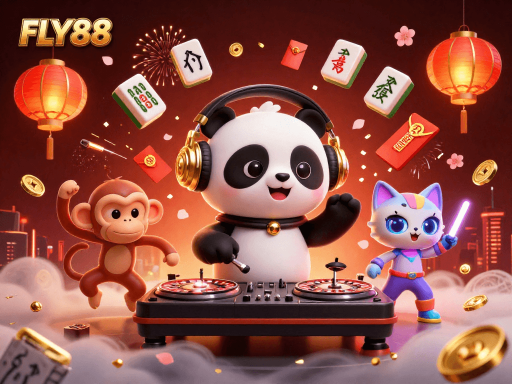 Engage with FLY88's vibrant casino scene featuring lively characters and dynamic gaming elements.