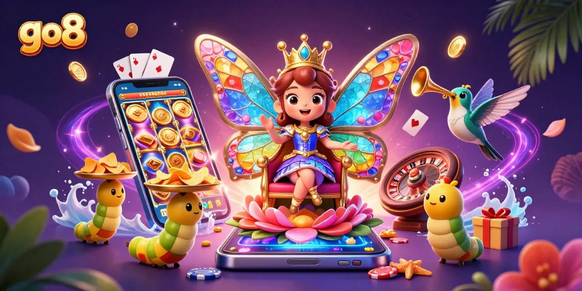 Experience the excitement of go8 with a vibrant 3D illustration showcasing a gaming world filled with color and action.