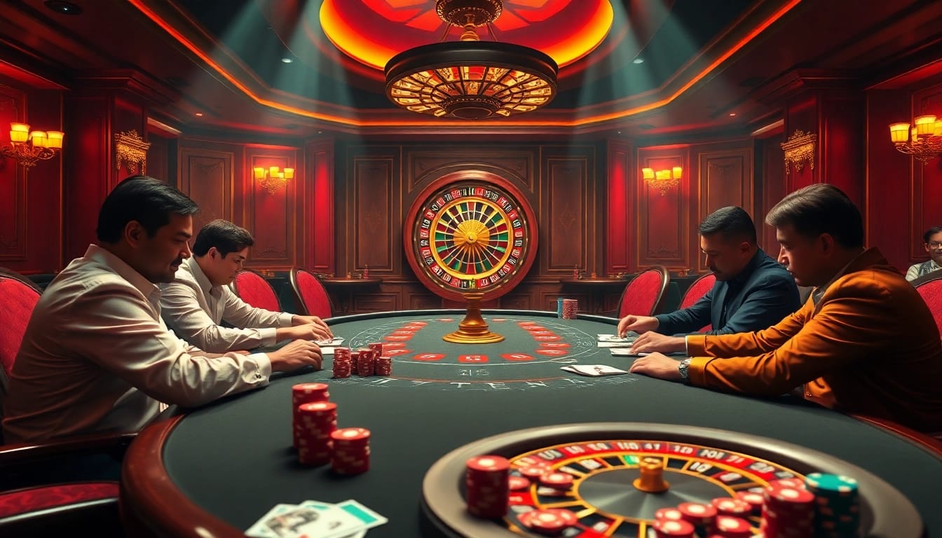Engaged players at a high-stakes poker table in a luxurious casino representing 789 BET's exciting gaming atmosphere.