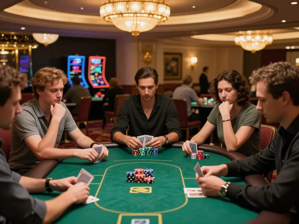 79king players strategizing during a poker game at an upscale casino.
