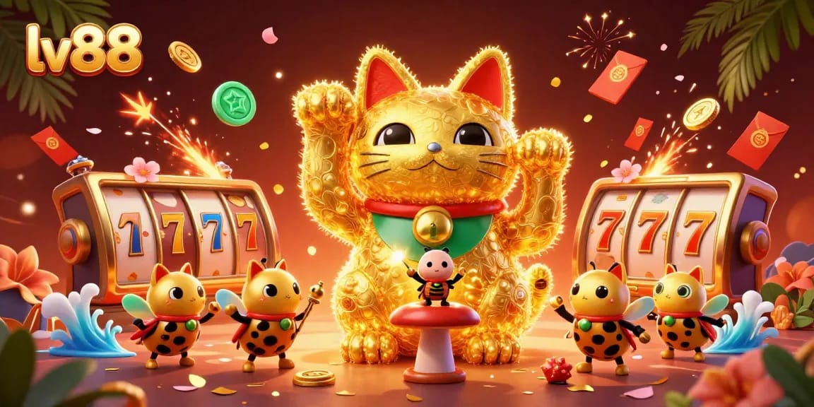 Enjoy dynamic casino fun with lv88, featuring a giant lucky cat and exciting game elements.