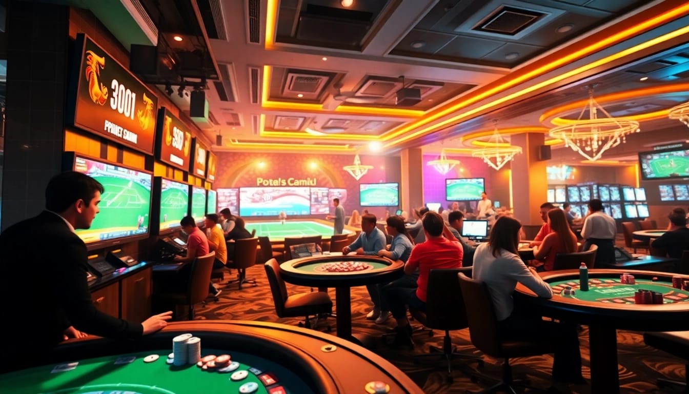 Dynamic online gaming scene at uu88.za.com with vibrant casino tables and sports betting action.