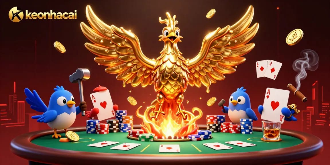 Experience the thrill of keonhacai with a molten golden phoenix and poker elements in a vibrant 3D scene.