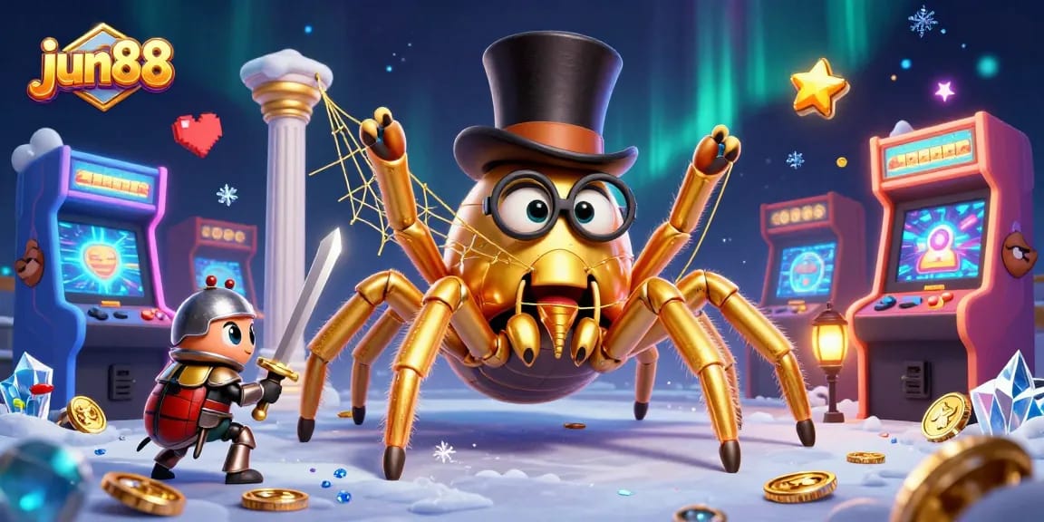 Experience thrills at jun88 with a golden tarantula weaving casino webs for an immersive adventure.