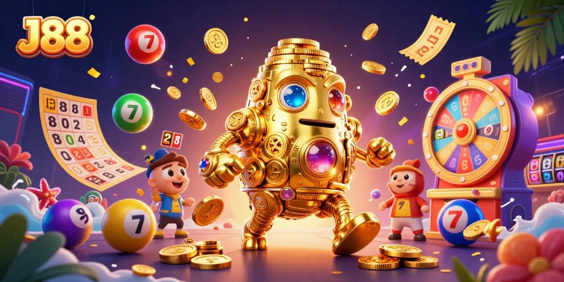 Spin slot reels with the dynamic J88 golden golem in an engaging casino scene.
