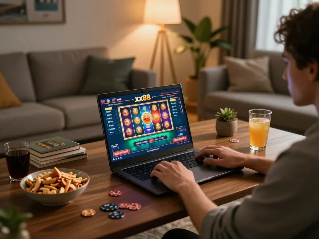 Engaging in a game xx88 at home, showcasing an immersive online casino setup with vibrant visuals.