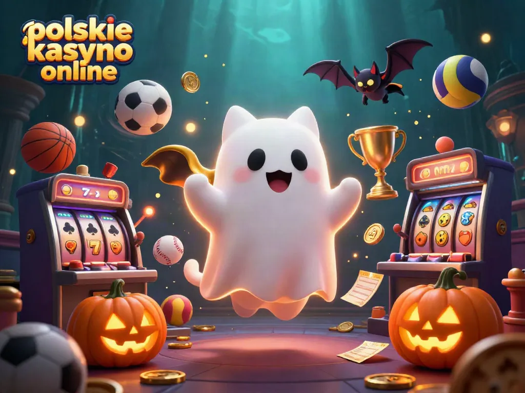 Immerse in the exciting world of polskie kasyno online with a cartoon ghost cat, slot reels, and sports elements.