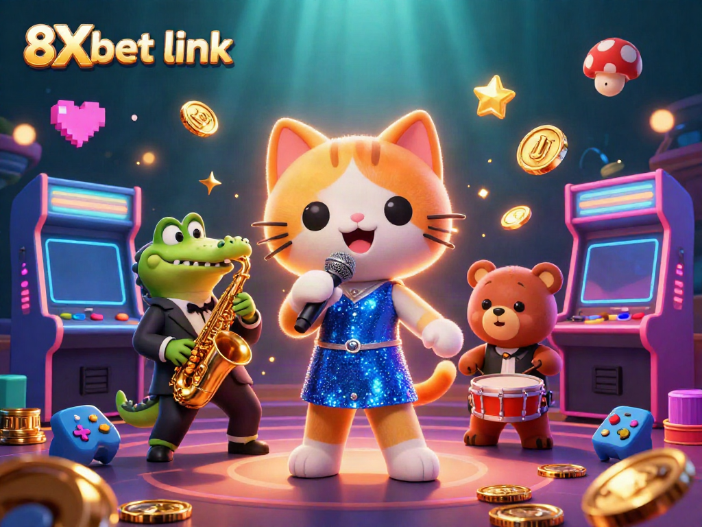 Experience the excitement of gaming with the 8Xbet link illustration, showcasing vibrant casino-themed characters.
