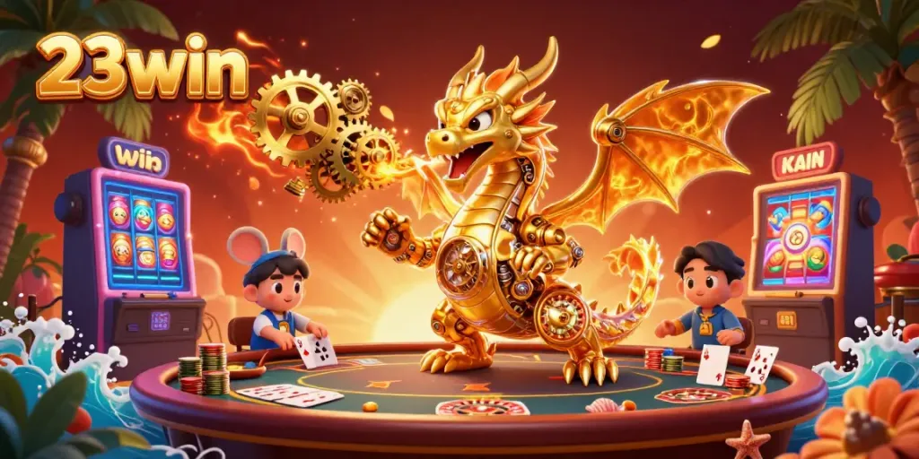 Engage with the thrilling world of 23win, featuring a golden dragon and game elements in an enchanting casino atmosphere.