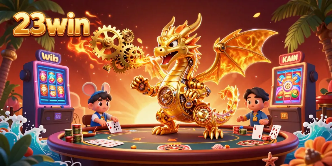 Engage with the thrilling world of 23win, featuring a golden dragon and game elements in an enchanting casino atmosphere.