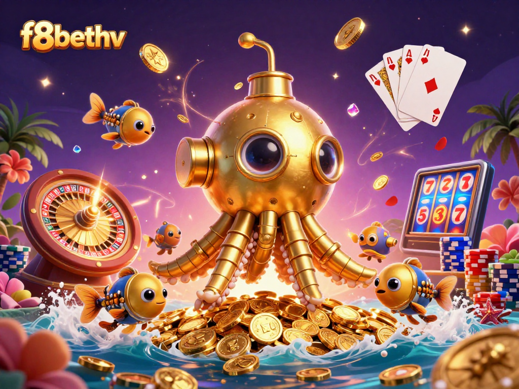 Experience thrilling gameplay at f8bethv with a stunning kraken submarine amidst golden coins.