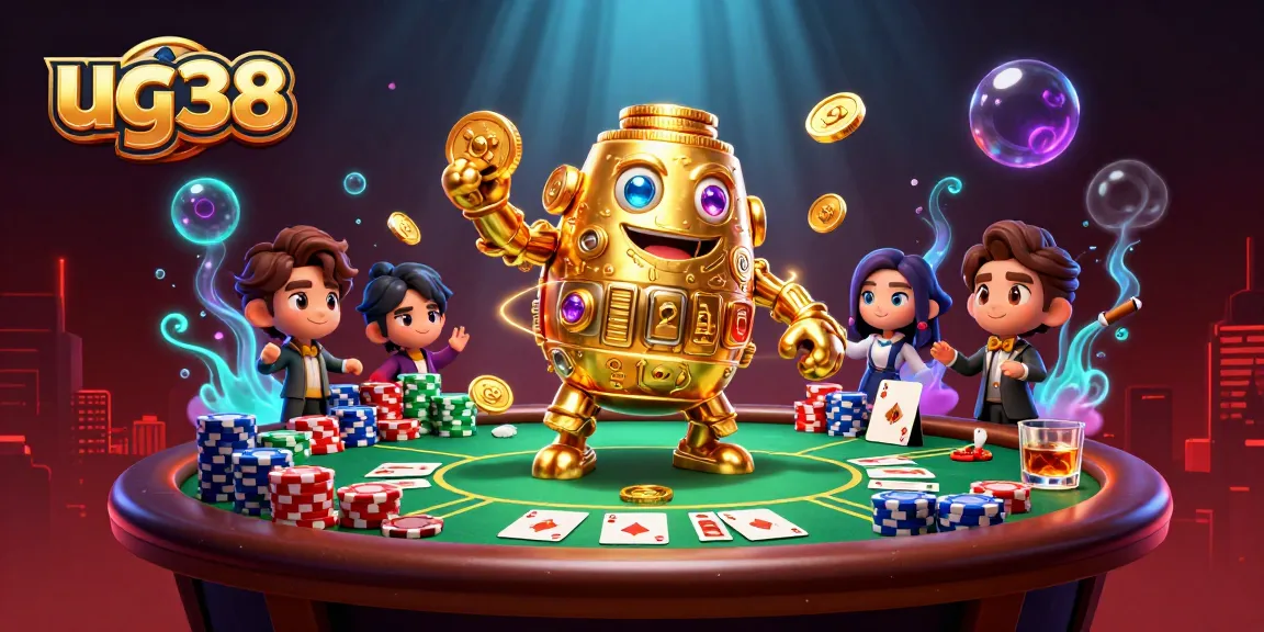 Engage with ug38's vibrant casino scene featuring a golden golem and poker elements.