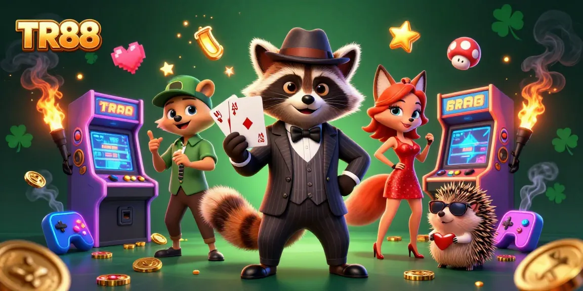 Experience TR88 with a suave raccoon professional and colorful casino games in a vibrant scene.