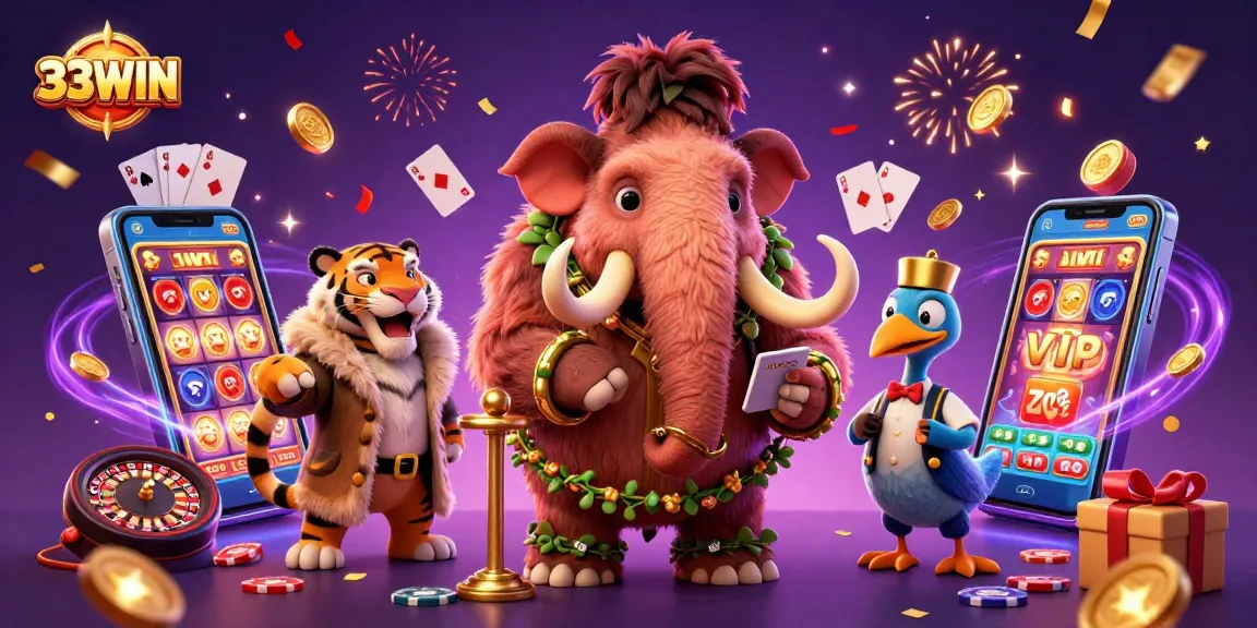 Engage in excitement at 33WIN with vibrant slot games, golden coins, and VIP characters.