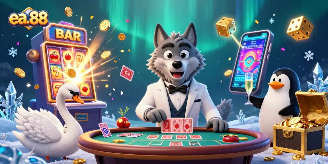 Experience thrilling gaming at ea.88 with characters enjoying baccarat, celebrating wins amid a vibrant casino scene.