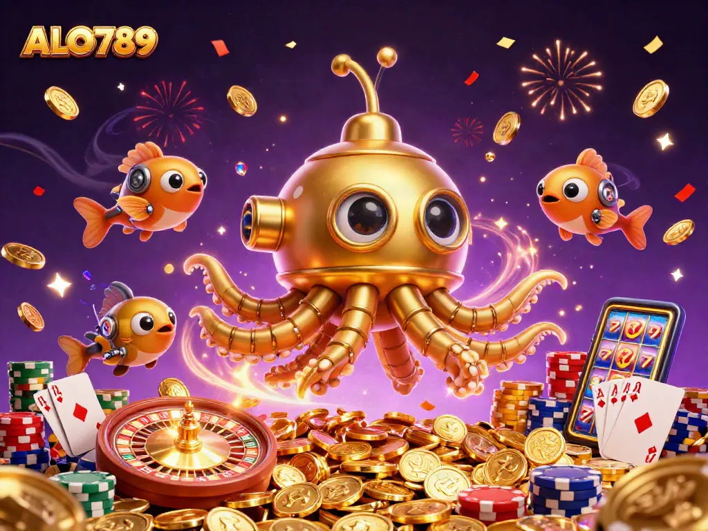 Experience gaming thrills with ALO789 featuring a golden kraken submarine amidst a treasure of coins.
