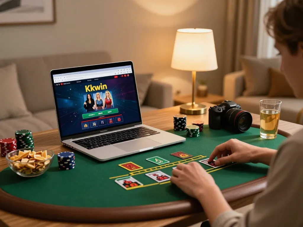 Kkwin online gaming setup with live dealer blackjack on laptop, cozy home atmosphere.