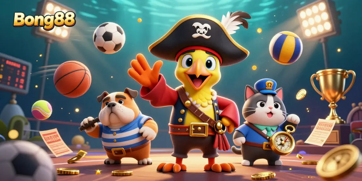 Bong88 inspires excitement with a vivid 3D illustration of a pirate captain and sports elements for online gambling.