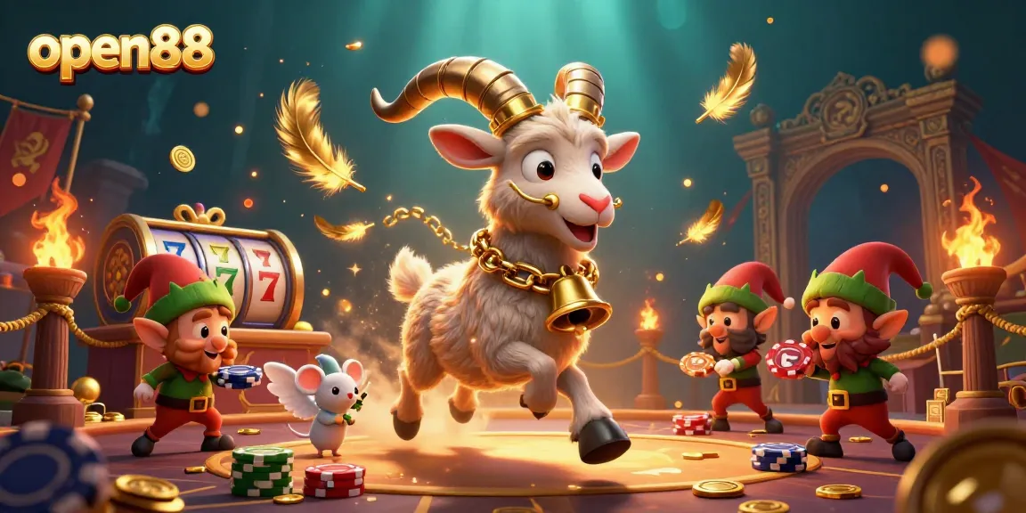 Experience the thrill of open88 with playful characters in a festive casino setting.