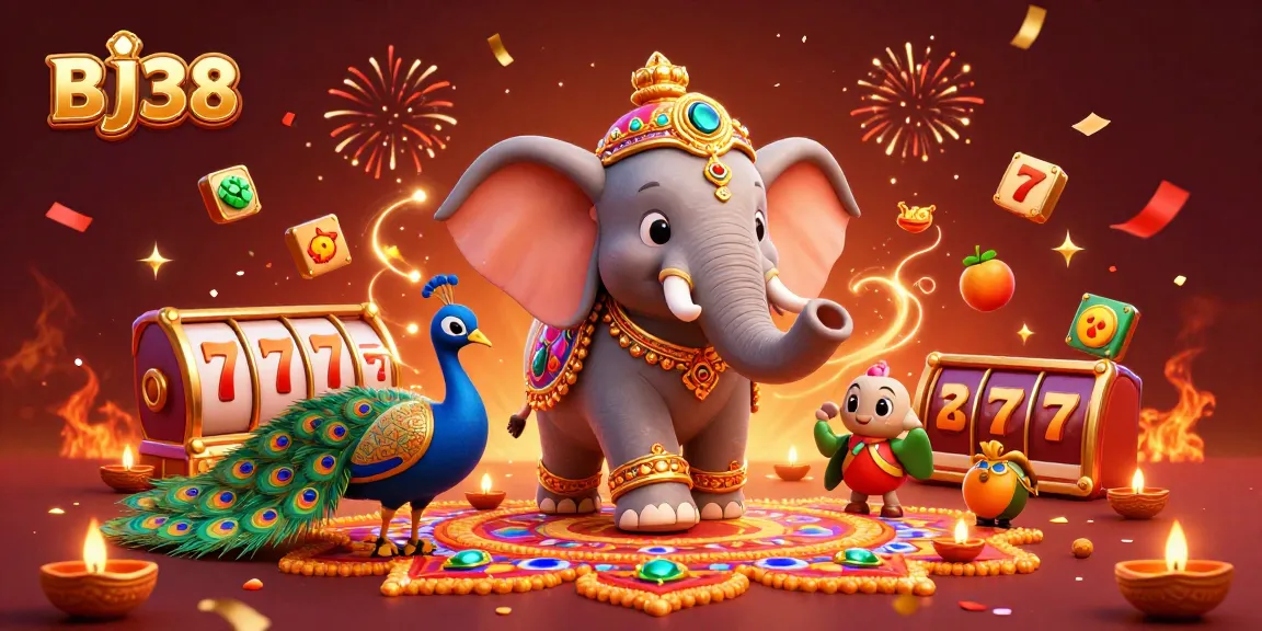 Engage with BJ38's vibrant online gambling environment, featuring a festive elephant and dynamic slot elements.