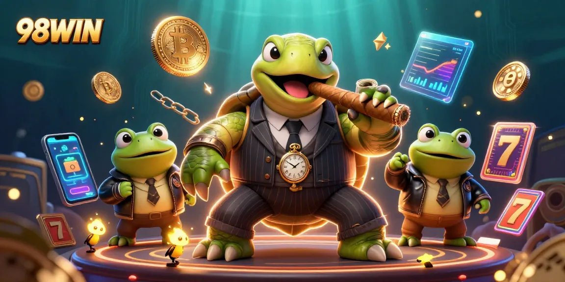 Experience 98WIN with vibrant slot reels, a mobster turtle, and dynamic crypto coins in a lively casino.