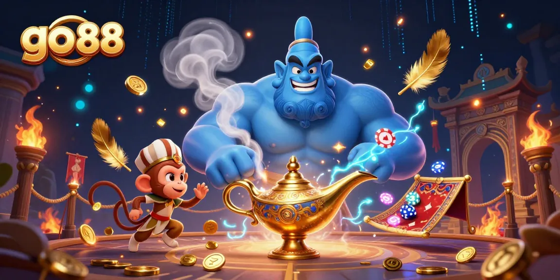 Experience thrilling gameplay at go 88 with vibrant 3D gambling elements and energetic genie characters in one captivating scene.