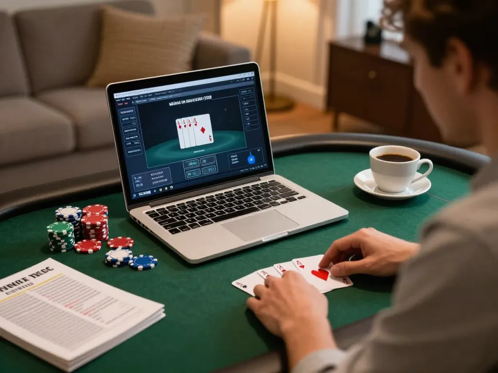 O8 player strategizing poker in a cozy home setting during online gaming.
