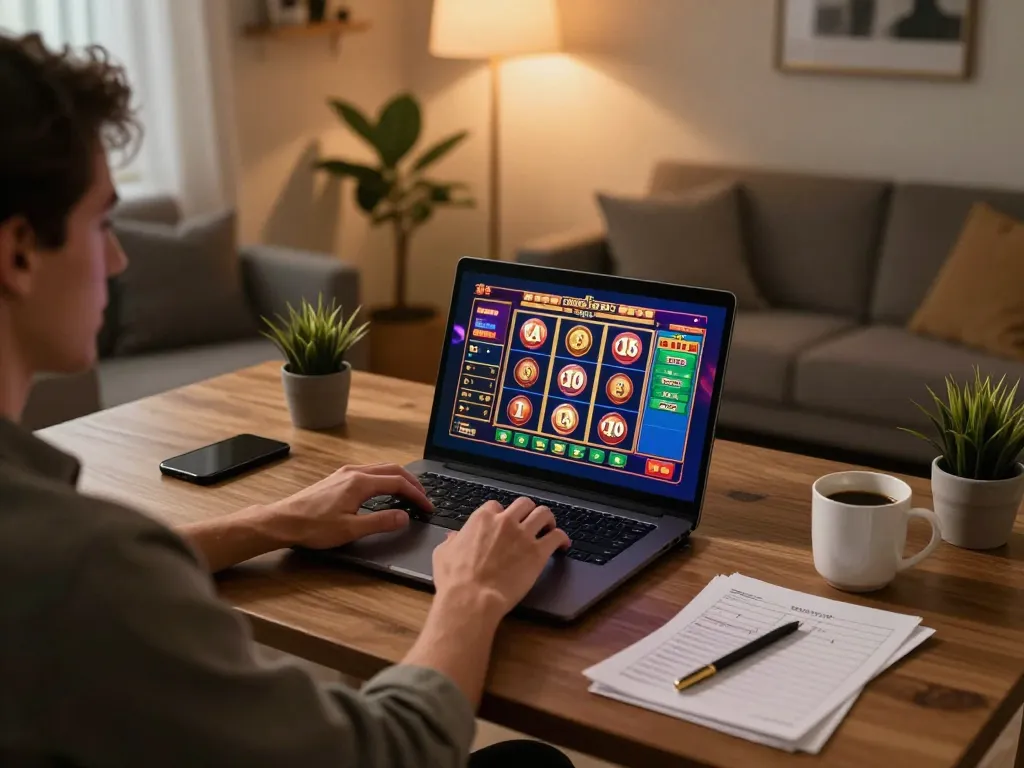 Engaging gameplay on Trang chủ TT88 in a stylish home office with vibrant slot graphics.