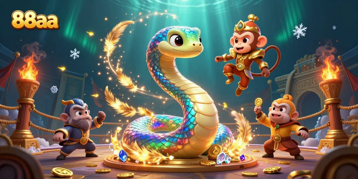 Experience vibrant gaming with the 88aa rainbow serpent and monkey king in a dramatic casino scene.