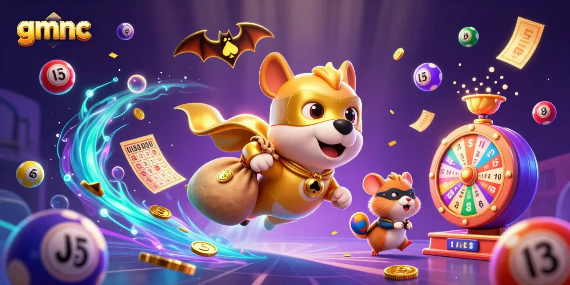 gmnc superhero dog soaring with coins amidst vibrant casino elements, ensuring exciting gambling experiences