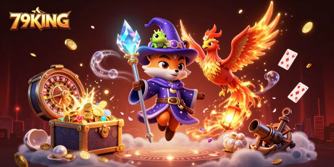 Experience thrilling gameplay with 79KING's vibrant 3D casino illustration, featuring a wizard fox and phoenix.